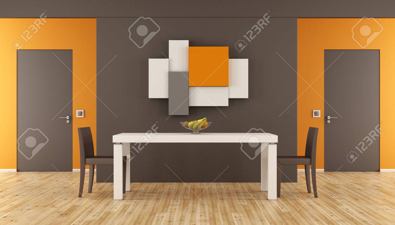 Marrón Y Naranja Comedor Minimalista Con Mesa, Sillas Y Dos Puertas ... Marrón Y Naranja Comedor Minimalista Con Mesa, Sillas Y Dos Puertas ...