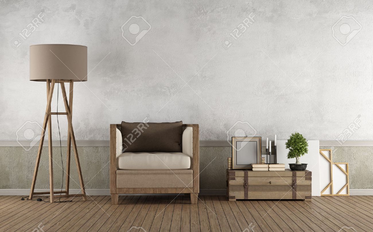 vintage living room with wooden armchair and decor objects on