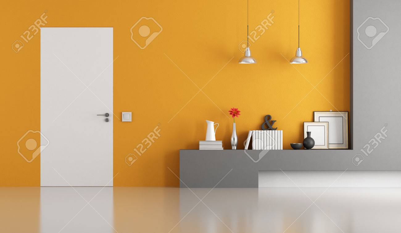 Grau Und Orange Modernes Wohnzimmer Mit Weißen Tür Schließen 3D ... Grau Und Orange Modernes Wohnzimmer Mit Weißen Tür Schließen 3D ...