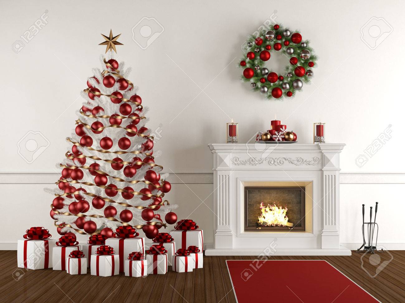 Christmas interior with classic fireplace,xmas tree,present and wreath - 3d Rendering - 63247365 Christmas interior with classic fireplace,xmas tree,present and wreath - 3d Rendering - 63247365