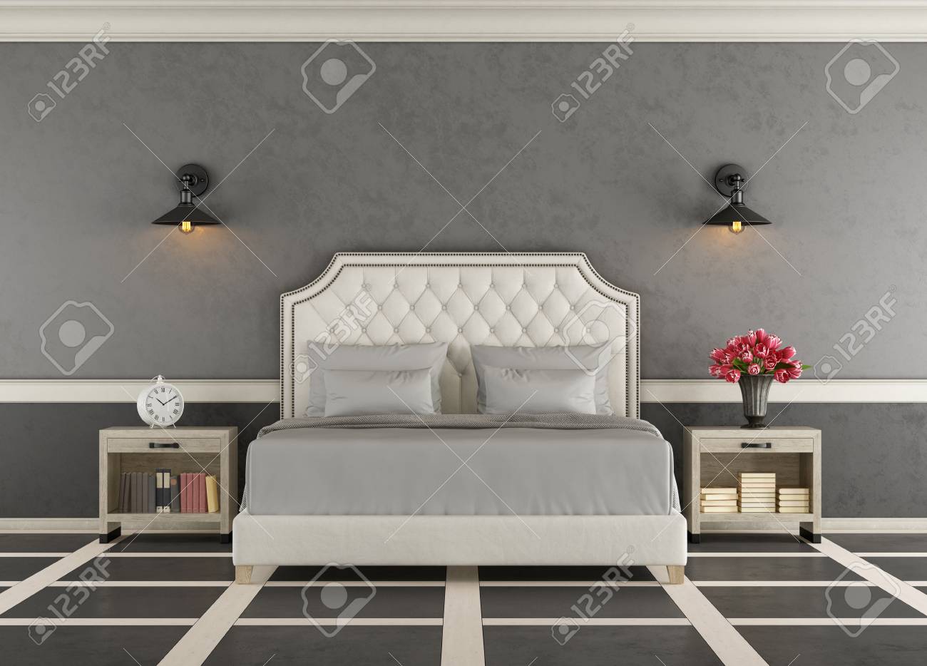 Classic Master Bedroom With Elegant Double Bed 3d Rendering