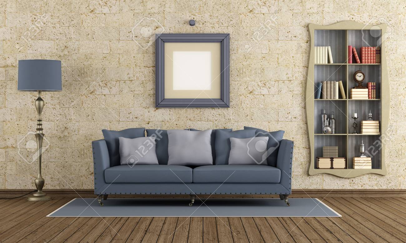 Sala De Estar Con Sofa Retro Elegante Y Estanteria En La Pared De