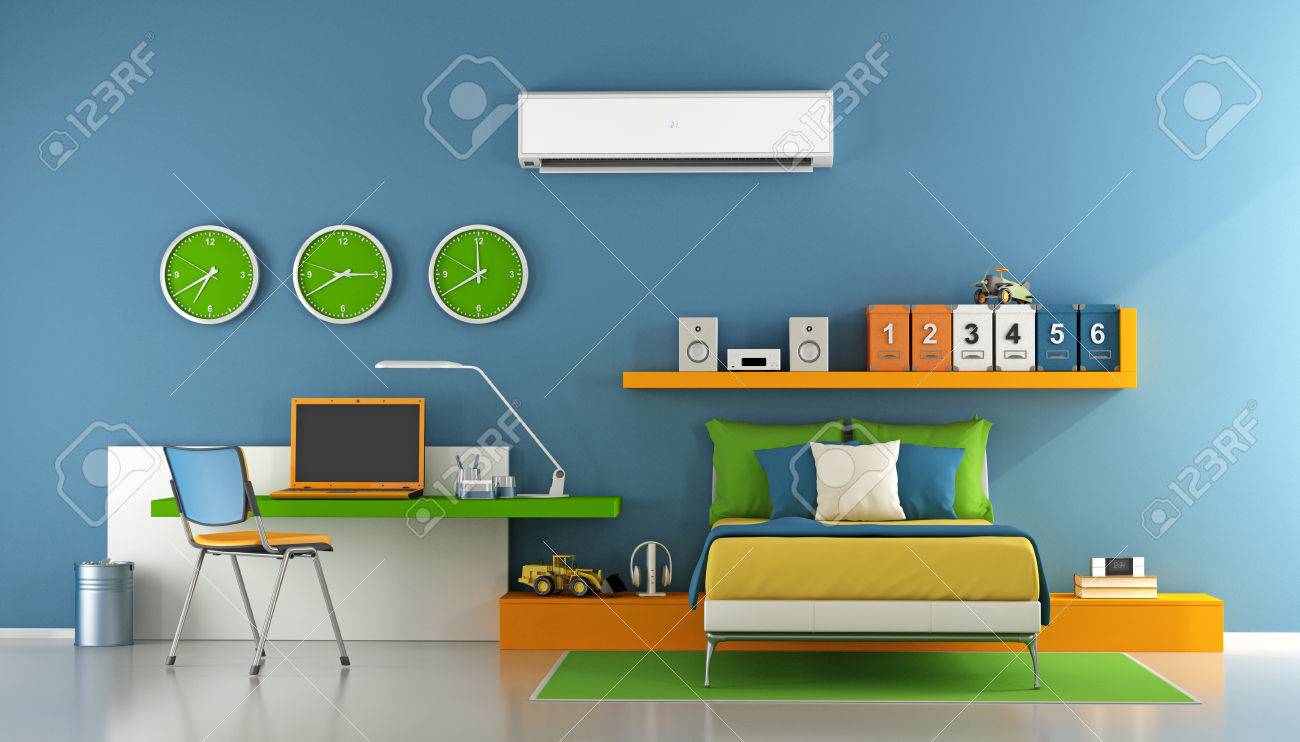 Teenage Bedroom With Single Bed Desk Laptop And Shelf On Wall