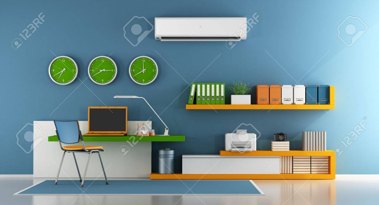 Colorido Oficina En Casa Con Portatil Impresora Y Estanteria En