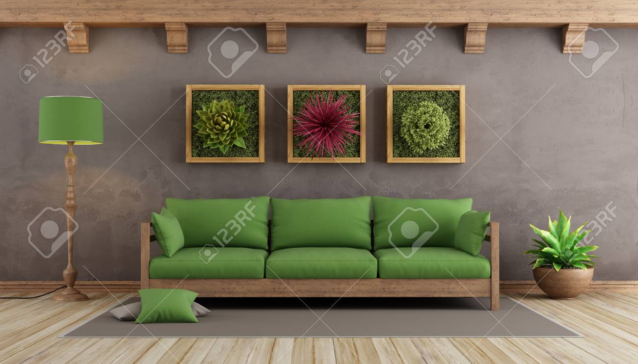 茶色の壁 緑のソファ 壁 3 D レンダリング植物とレトロなリビング ルーム の写真素材 画像素材 Image