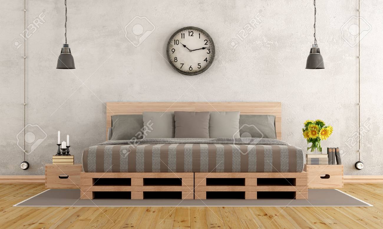 Master Bedroom In Rustic Style With Pallet Bed 3d Rendering