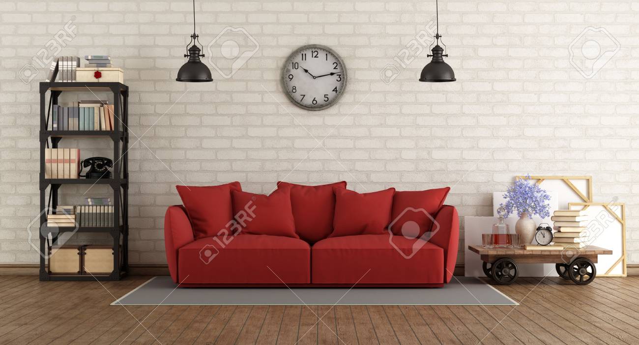 Vintage Wohnzimmer Mit Roten Sofa Und Retro-Möbel - 3D-Rendering ... Vintage Wohnzimmer Mit Roten Sofa Und Retro-Möbel - 3D-Rendering ...