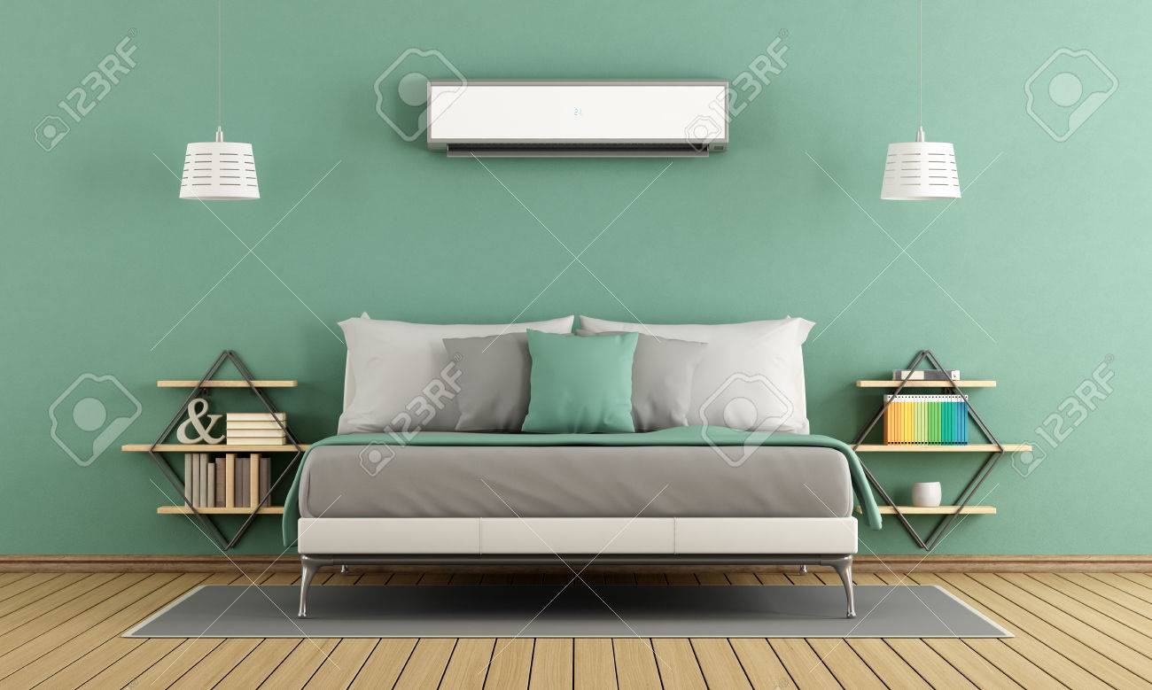 Green Modern Master Bedroom With Air Conditioner 3d Rendering