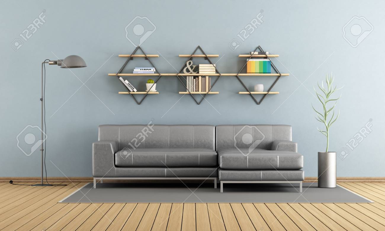Moderna Sala De Estar Con Sofa Gris Y Estantes En La Pared 3d