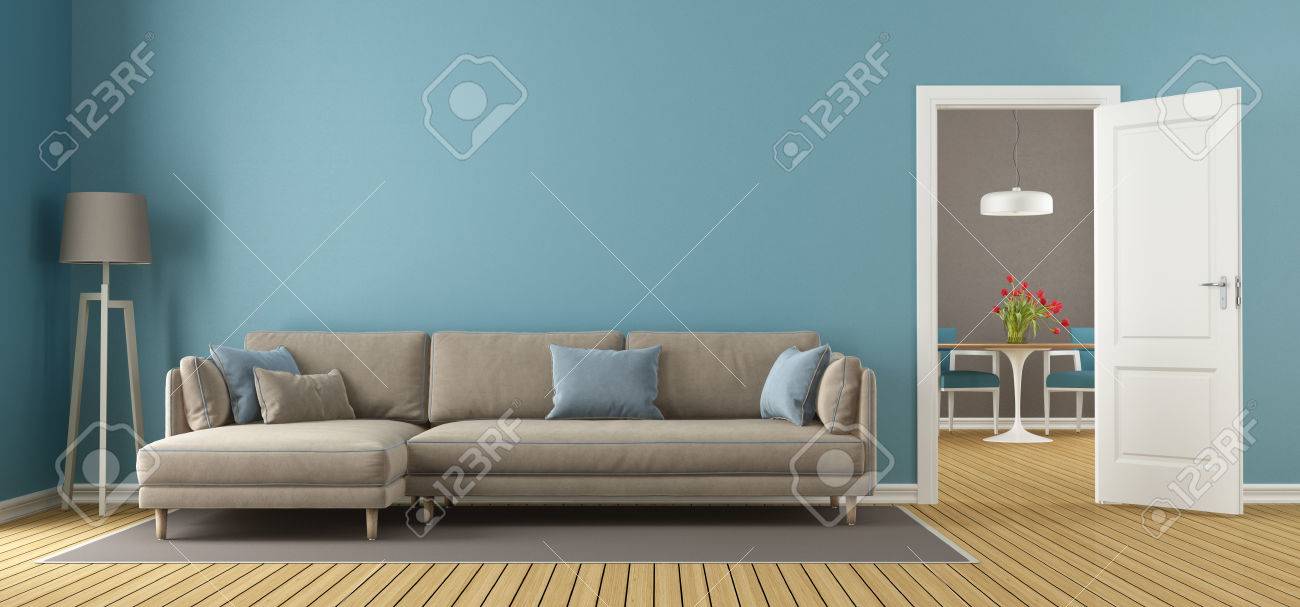 青し、茶色の背景 3 D レンダリングのドアを開けて、ダイニング ルーム