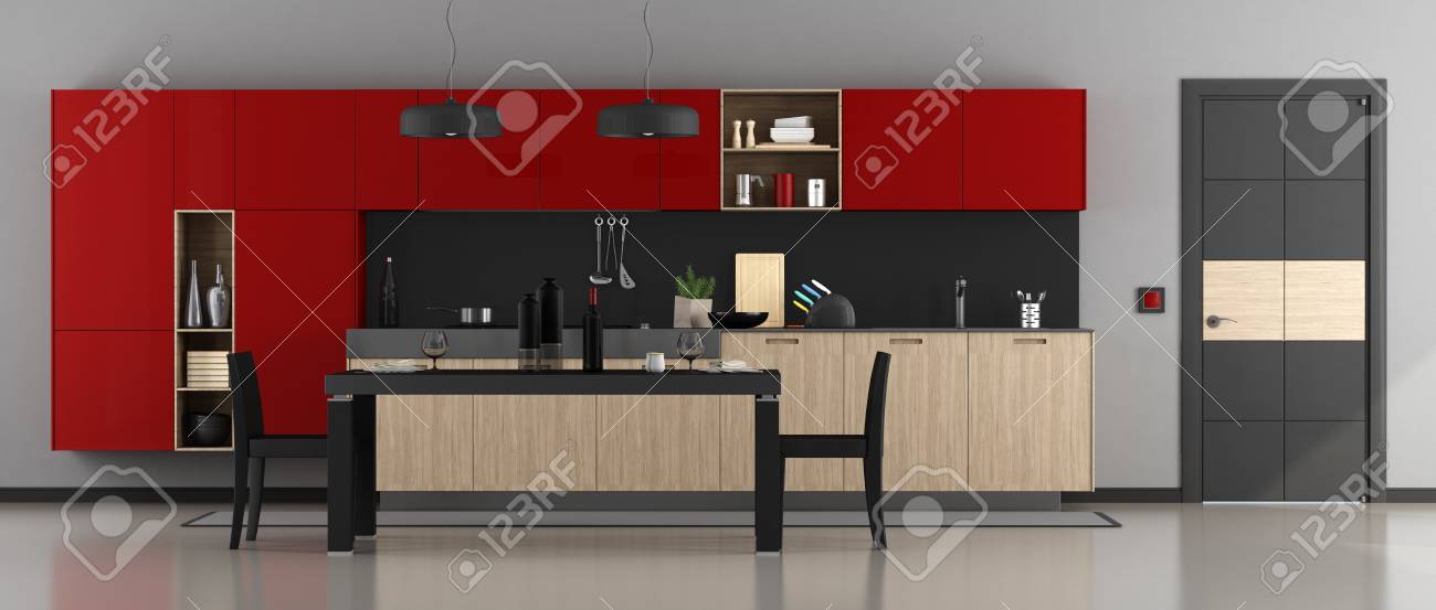 Table Moderne Porte Et Avec Rendu MangerChaises Rouge Noir 3d À Cuisine Fermée K3JTlF1c