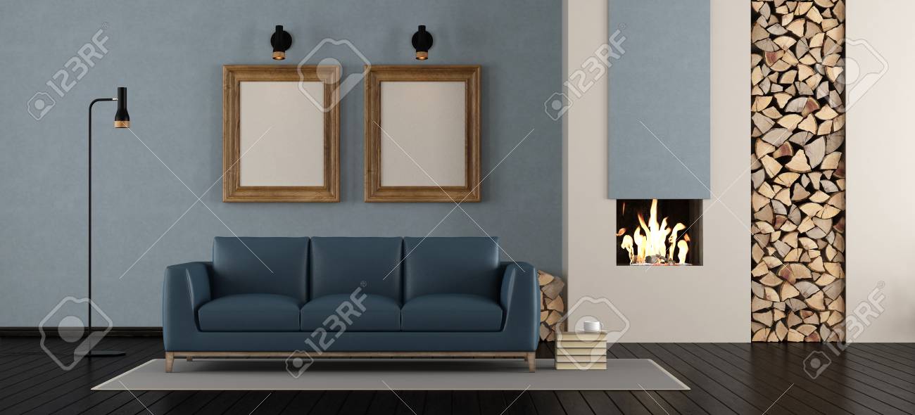 Modern Living Room With Fireplace With Blue Leather Sofa 3d Stock Photo Picture And Royalty Free Image Image 91860709