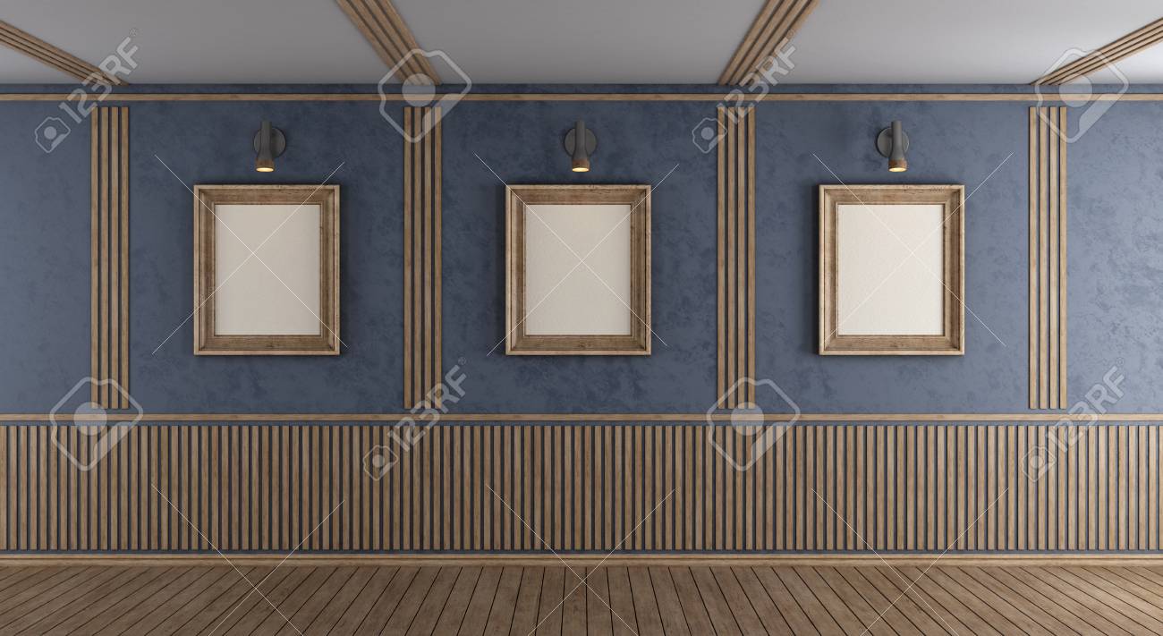 Empty Purple Room With Blank Frame And Decorative Wooden Panel