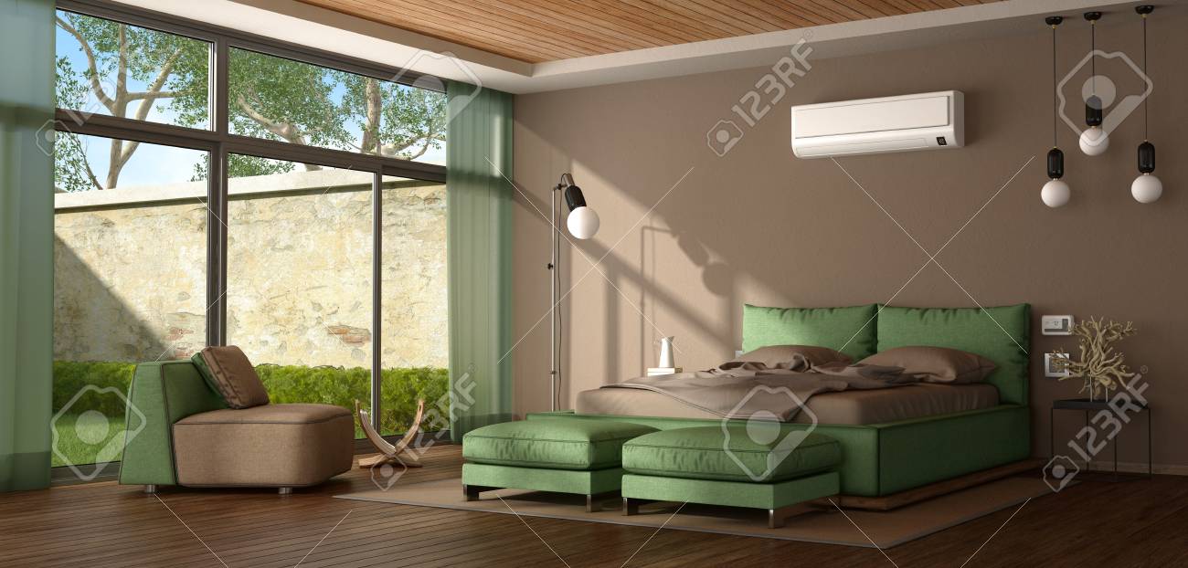Brown And Green Modern Master Bedroom With Bed Armchair And Air