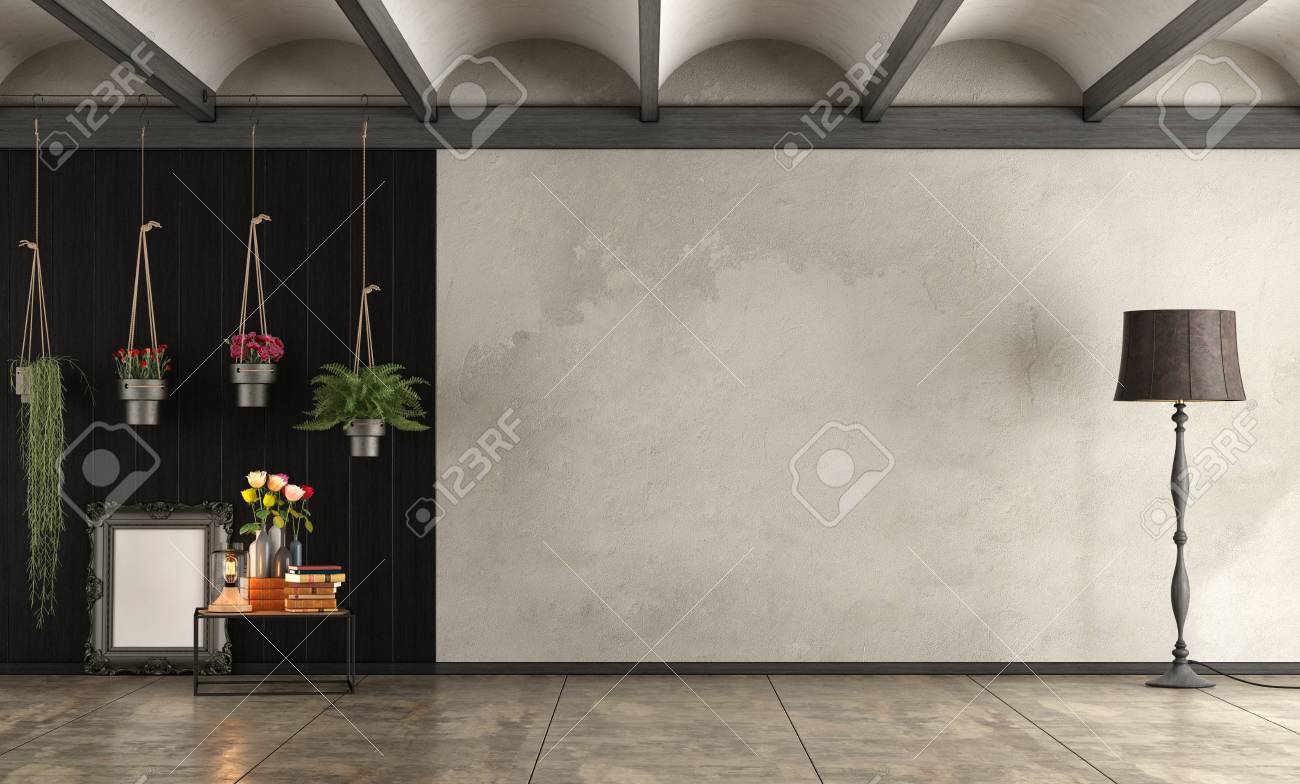 Empty Old Room With Hanging Pots Arch Ceiling And Floor Lamp