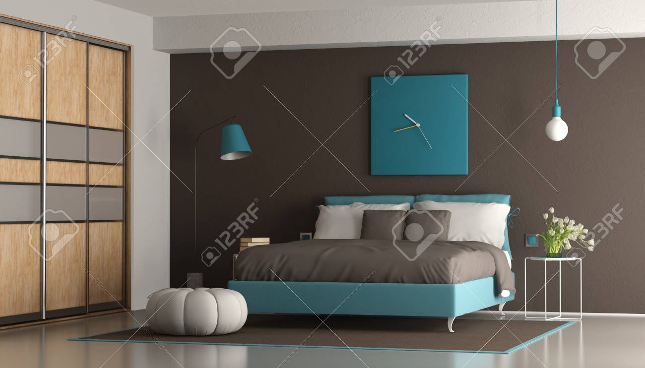 Blue And Brown Modern Master Bedroom With Double Bed And Wardrobe