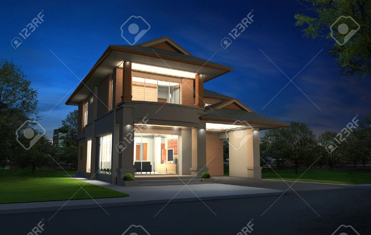 Rendu 3D Dans La Nuit, Exclusif étage Deux Tropicale Maison Moderne ... Rendu 3D Dans La Nuit, Exclusif étage Deux Tropicale Maison Moderne ...