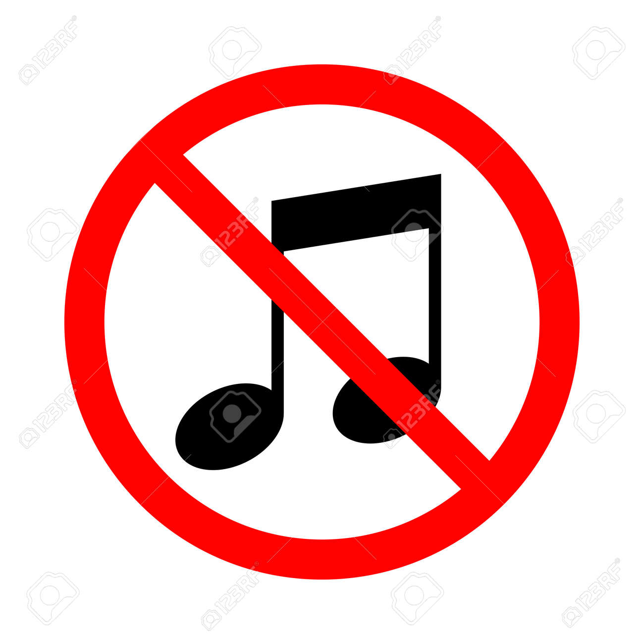 音楽なし。音楽禁止アイコン。円内の音符記号に取り消し線を付けます。白い背景に分離されたシンボル。ベクトルイラスト - 175654308