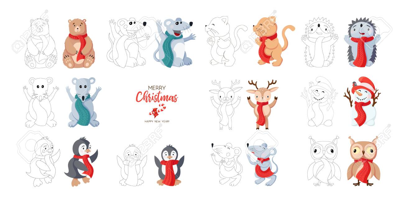 Download Cartoon Animals Set New Year Collection Coloring Book Pages Royalty Free Cliparts Vectors And Stock Illustration Image 135226697