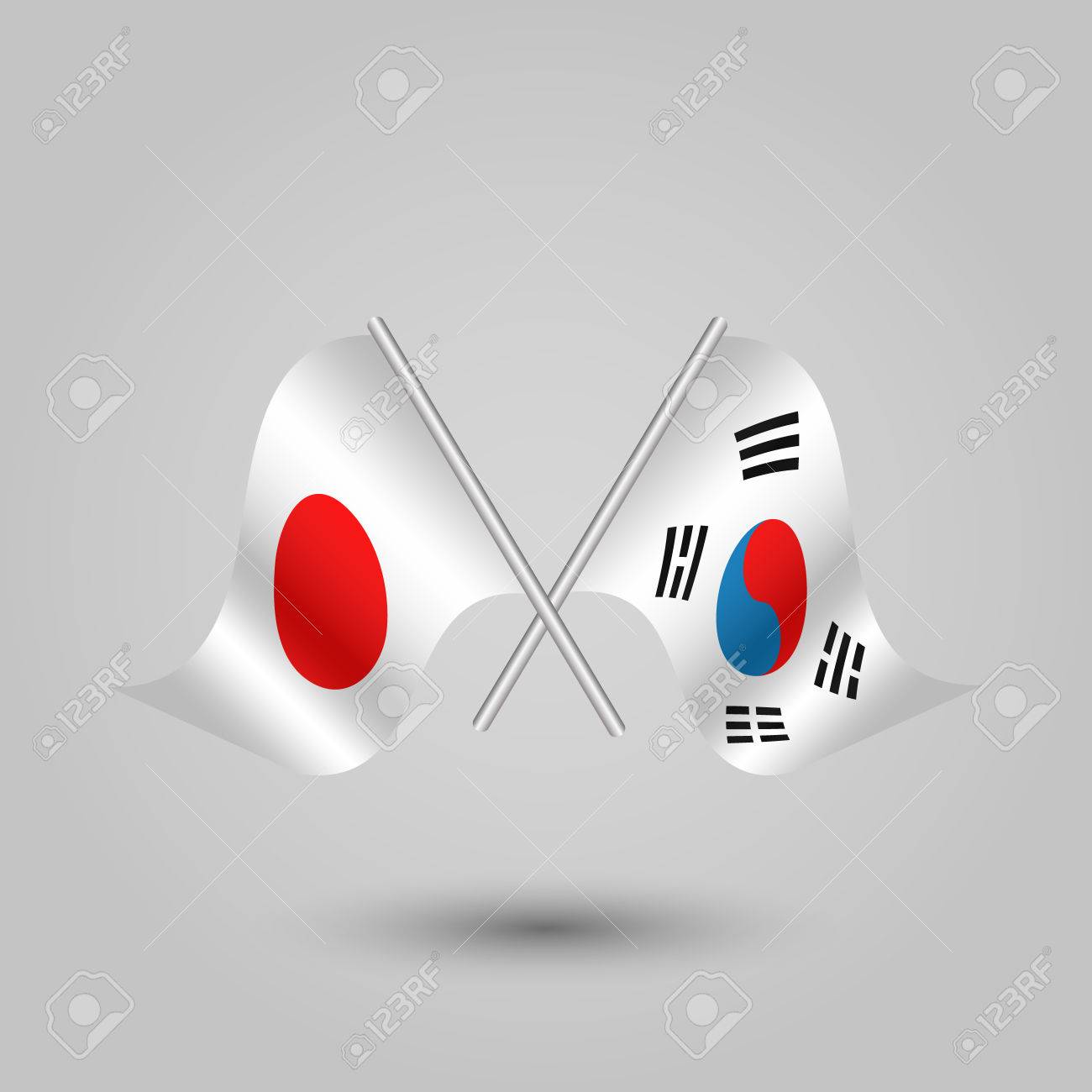 Vector Two Crossed Japanese And Korean Flags On Silver Sticks Symbol Of Japan And South Korea Royalty Free Cliparts Vectors And Stock Illustration Image