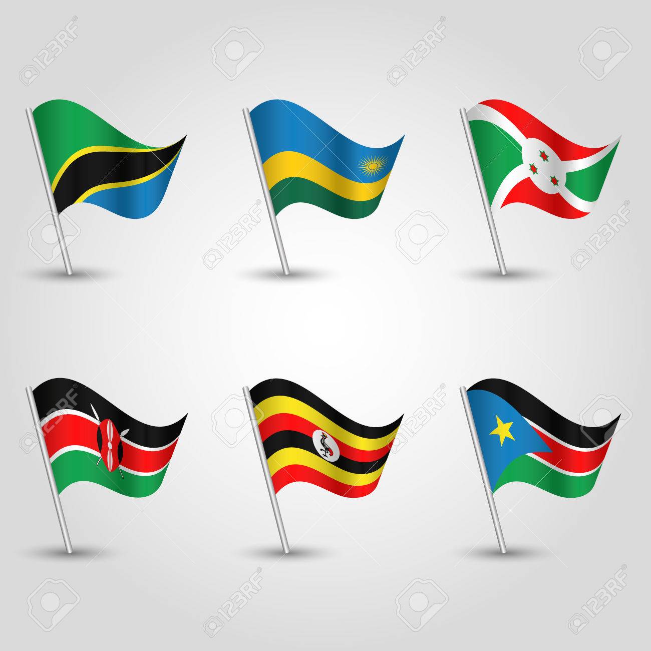 Vector Set Of Waving Flags Uganda Rwanda Burundi Kenya Tanzania - 