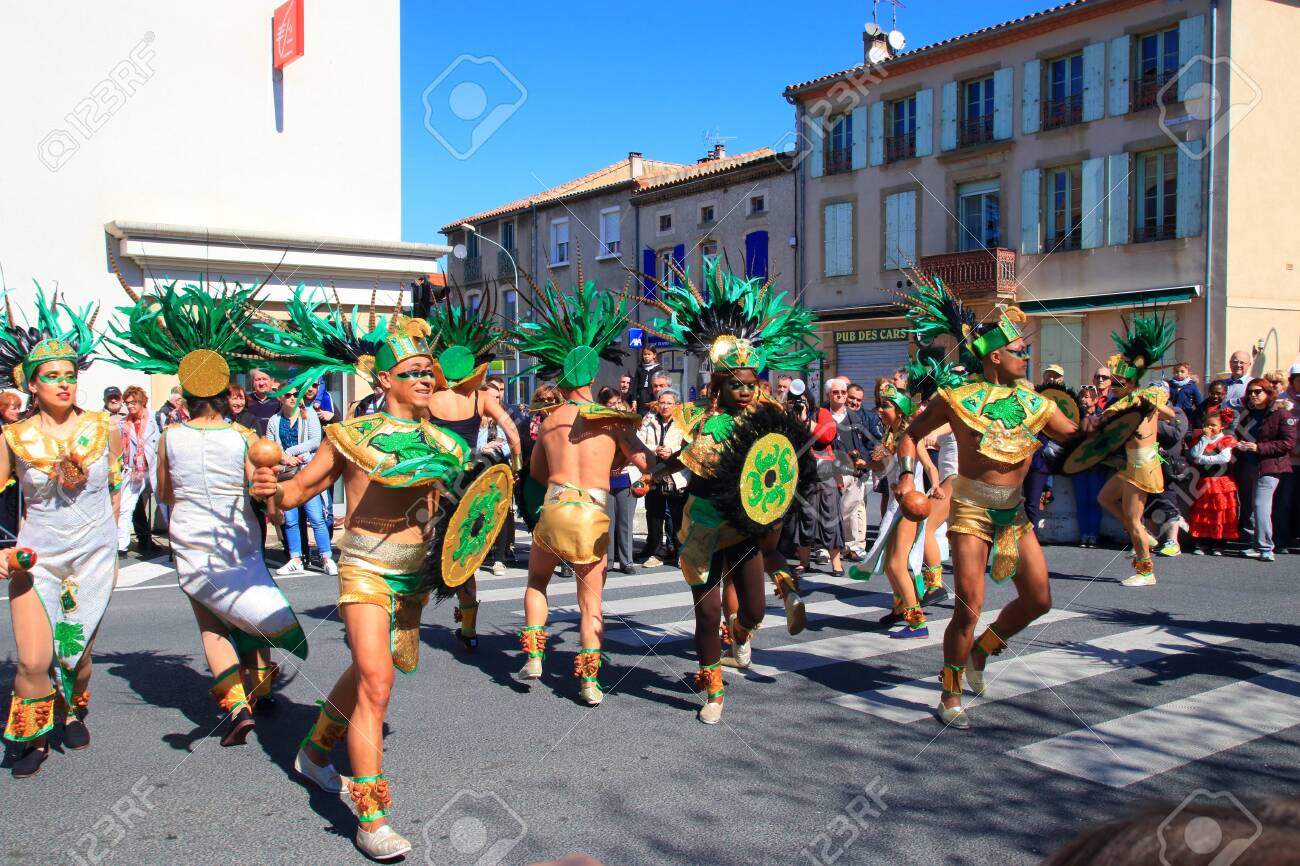 Mexican dancers disguised as Indian at the carnival of Limoux in the Aude, Languedoc in the south of France - 143985305 Mexican dancers disguised as Indian at the carnival of Limoux in the Aude, Languedoc in the south of France - 143985305