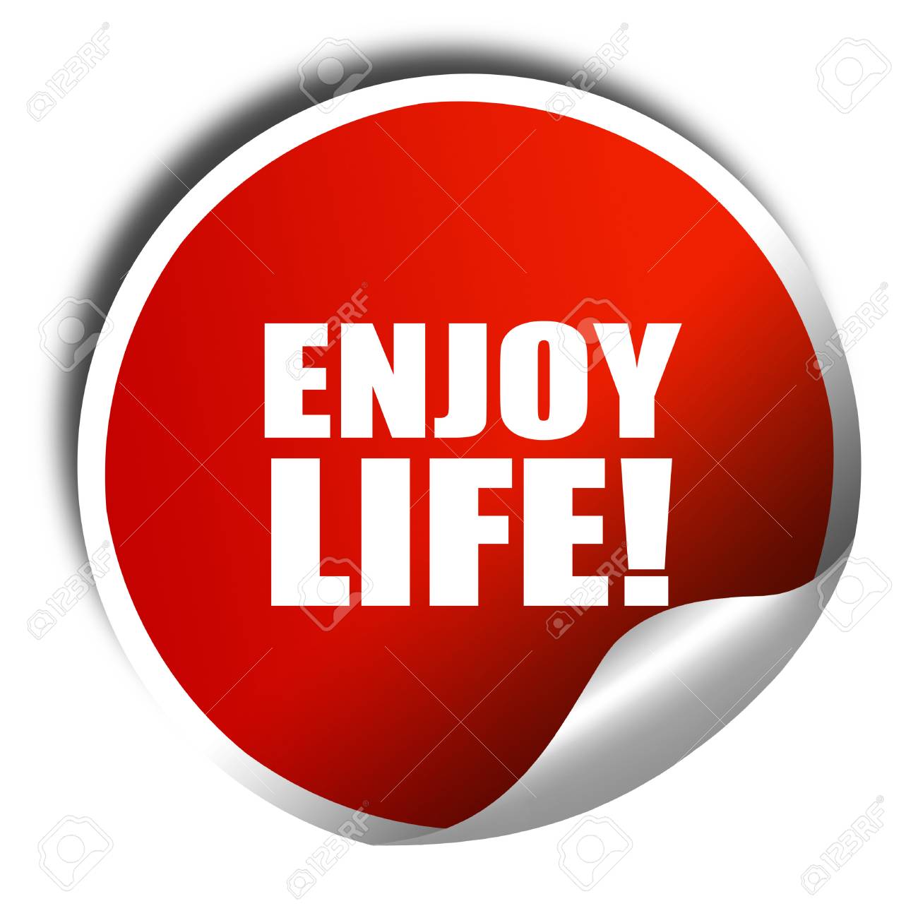 Enjoy Life!, 3D Rendering, Red Sticker With White Text Stock