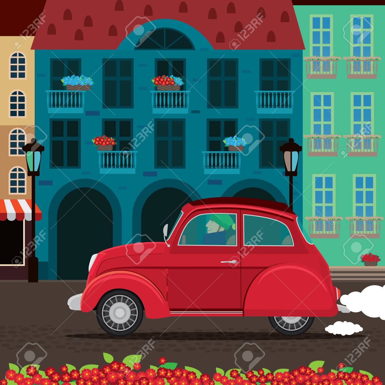 レトロな車に古いヨーロッパの都市に旅行します のイラスト素材 ベクタ Image