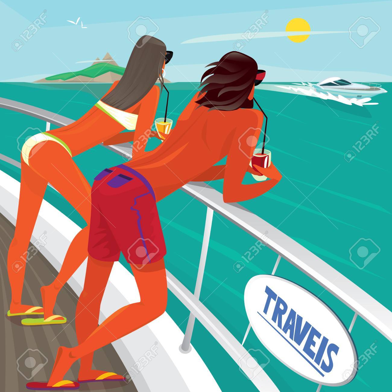 デッキの手すりに寄りかかって 豪華なヨット パラダイス喜びやエキゾチックな休日の概念の横 に浮かぶを眺めながらのカクテルを飲んで日焼けした若いカップルのイラスト素材 ベクタ Image
