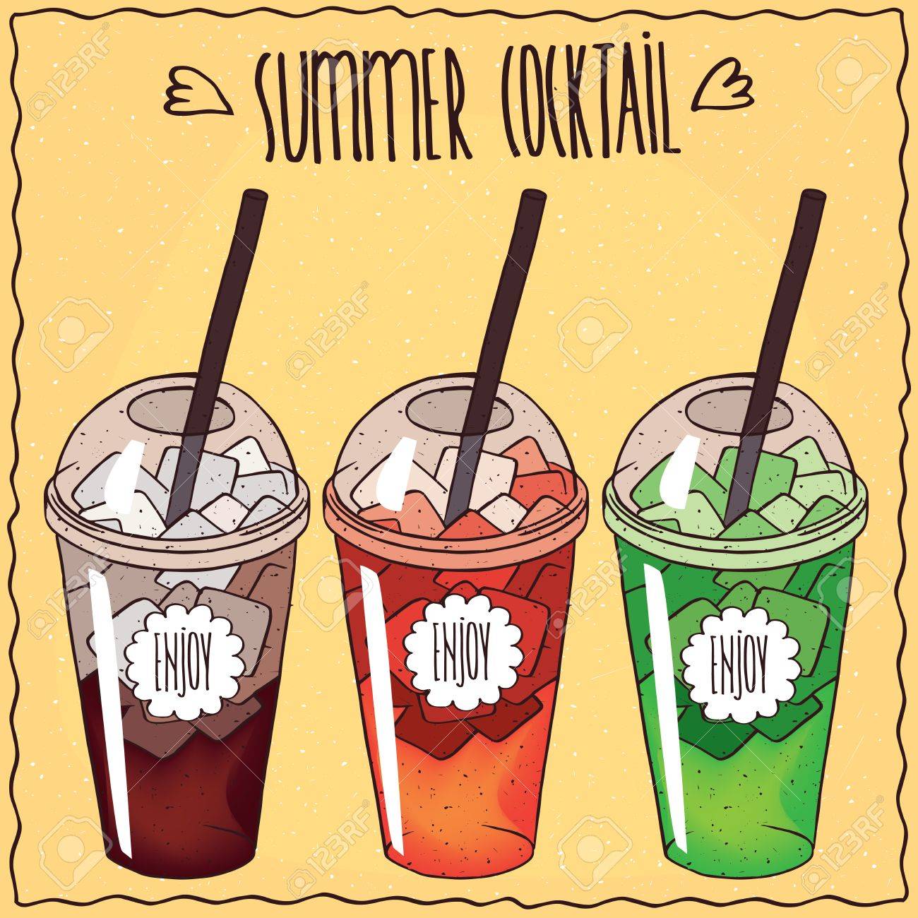 透明なプラスチック カップに氷入り夏のカクテル モヒート タラゴン レモネードやベリー レモネード コーラなどの飲み物 手作りの漫画のスタイルのイラスト素材 ベクタ Image