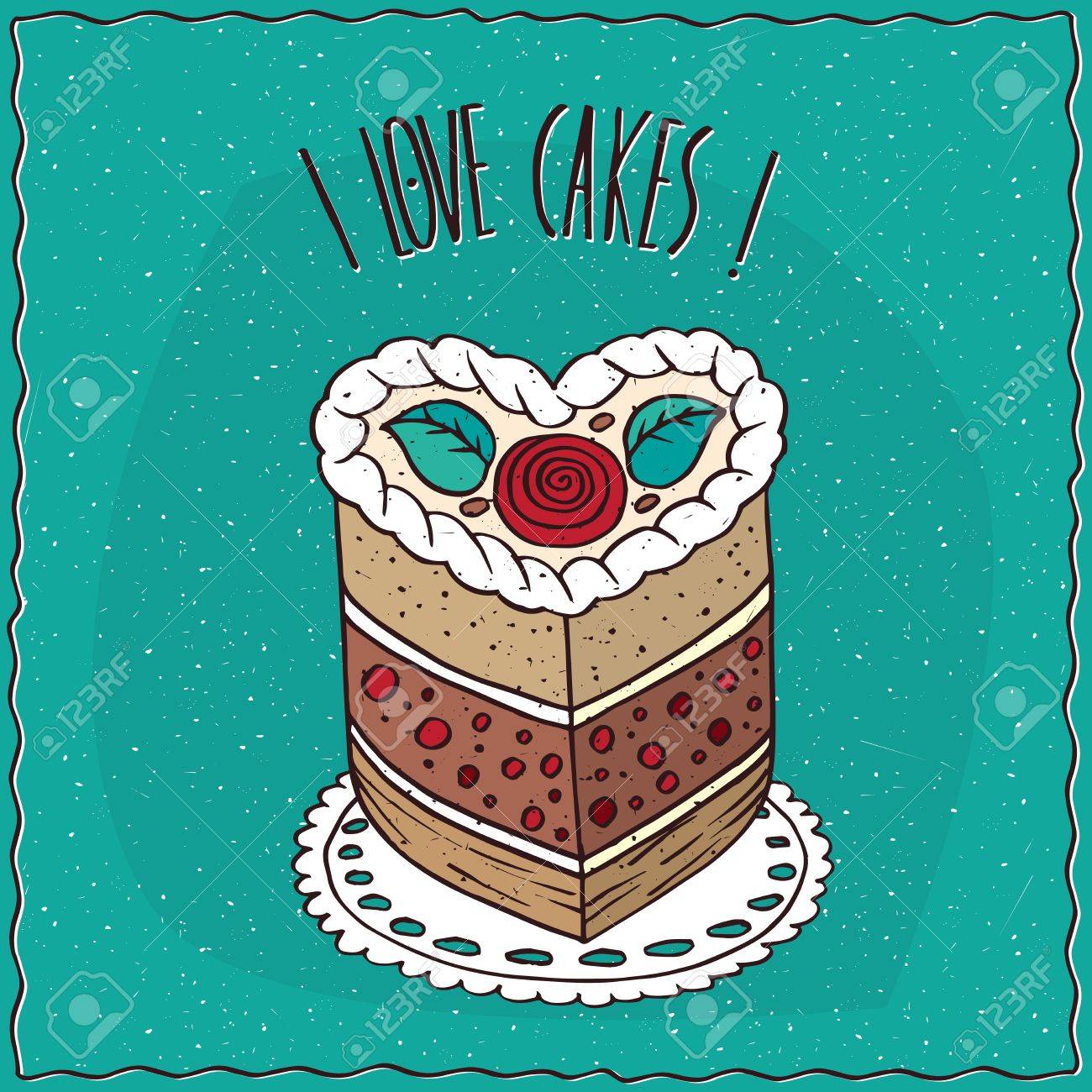 Le Gateau Parfait En Forme De Coeur Avec Plusieurs Couches Le Haut Decore D Une Creme En Forme De Roses Et De Feuilles Repose Sur Une Serviette En Dentelle Style De Bande Dessinee