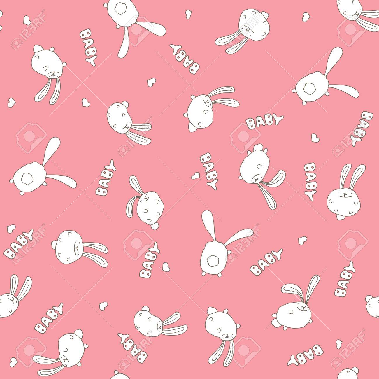 子供と子供のための柔らかいピンク背景かわいいウサギと言葉赤ちゃんウサギのシームレス パターン のイラスト素材 ベクタ Image