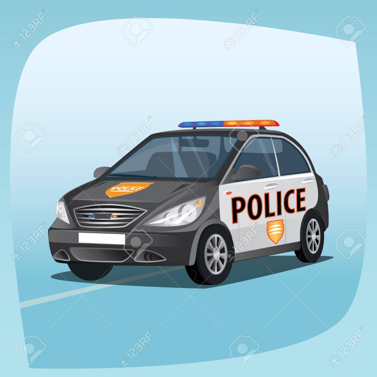 パトカー 緊急時のライト システムと車両 警察官 漫画のスタイルの主なデバイスの分離 詳細な三次元画像 前面展望前面展望のイラスト素材 ベクタ Image