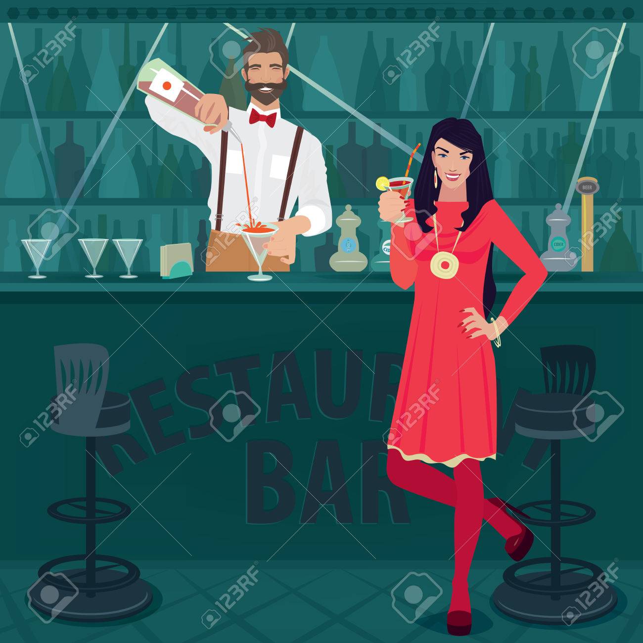 陽気な女の子の髪を流れるとドレスは バーで立っている上げられたカクテル グラスをカウンター のイラスト素材 ベクタ Image