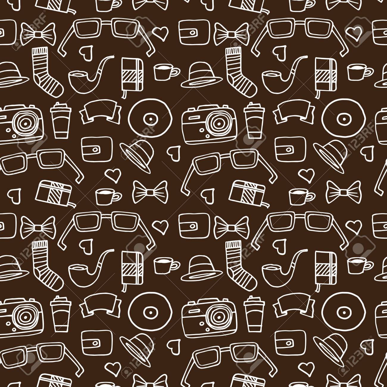 Patron De Hipster Transparente En Color Marron Con Simbolos Retro Y Vintage Fondo De Moda Moderno Con Un Trazo Blanco Mano De Dibujos Animados Dibujar Estilo Ilustraciones Vectoriales Clip Art Vectorizado Libre