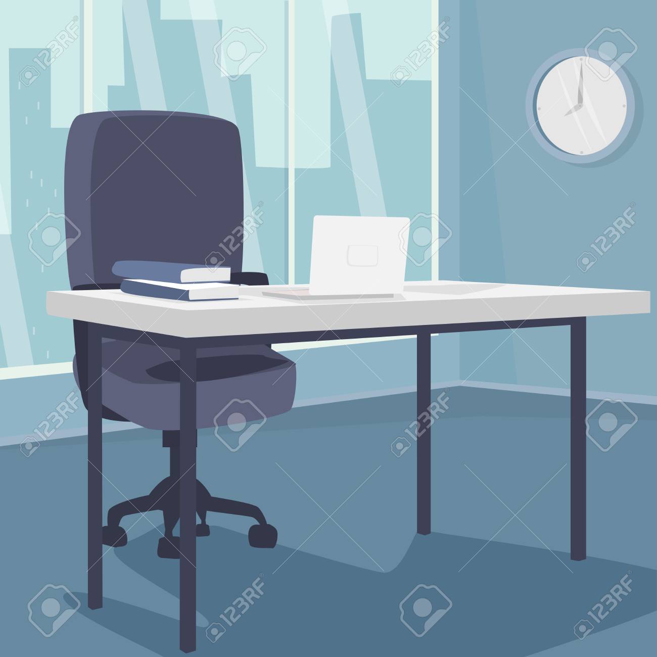 interior of morning workplace with view of city office in