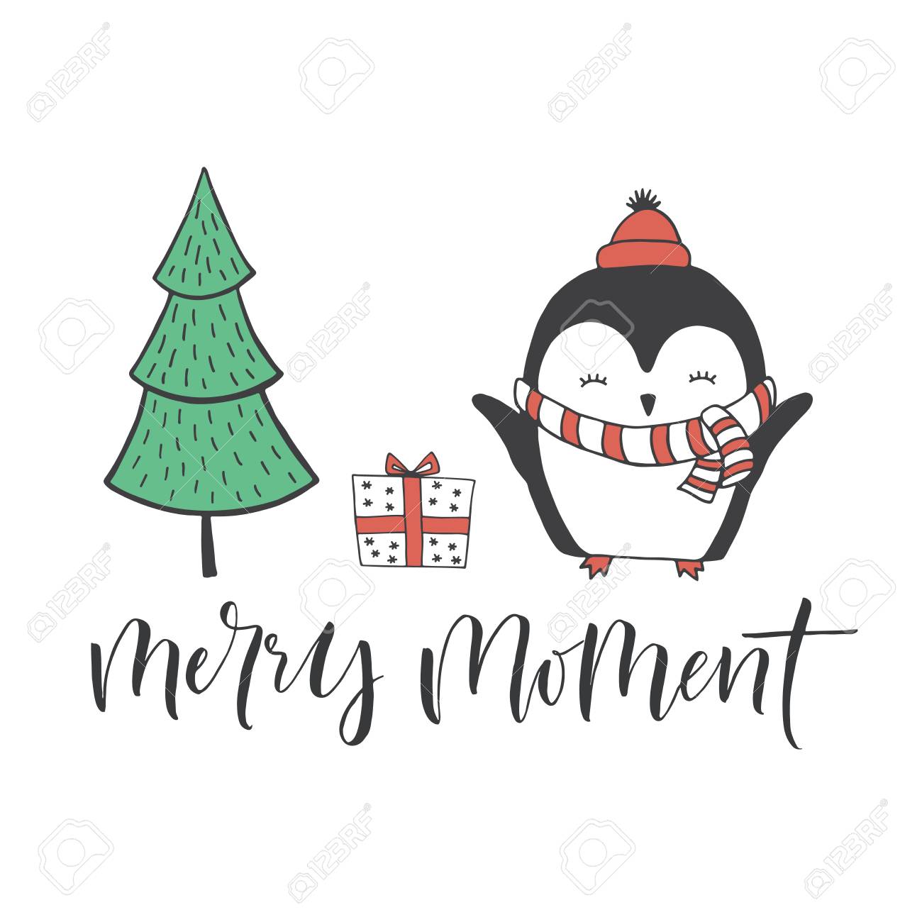hand drawn word christmas tree gift and penguin brush pen word christmas