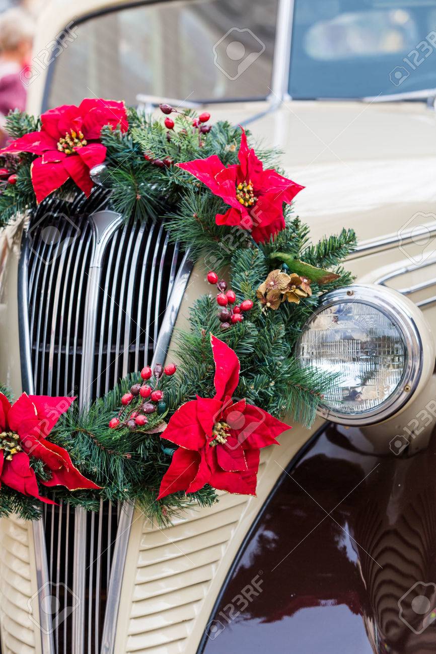 Christmas Wreath On Front Of Vintage Car Stock Photo Picture And Royalty Free Image Image