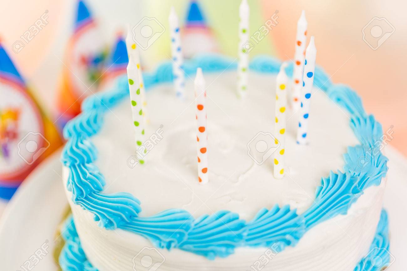 Simple White Birthday Cake With Cake Candles Stock Photo Picture