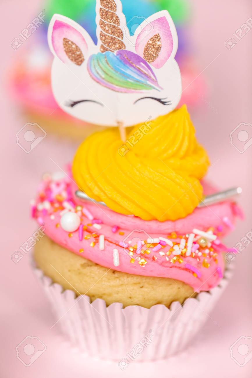 Fancy Unicorn Cupcakes With Multicolor Buttercream Icing And Stock