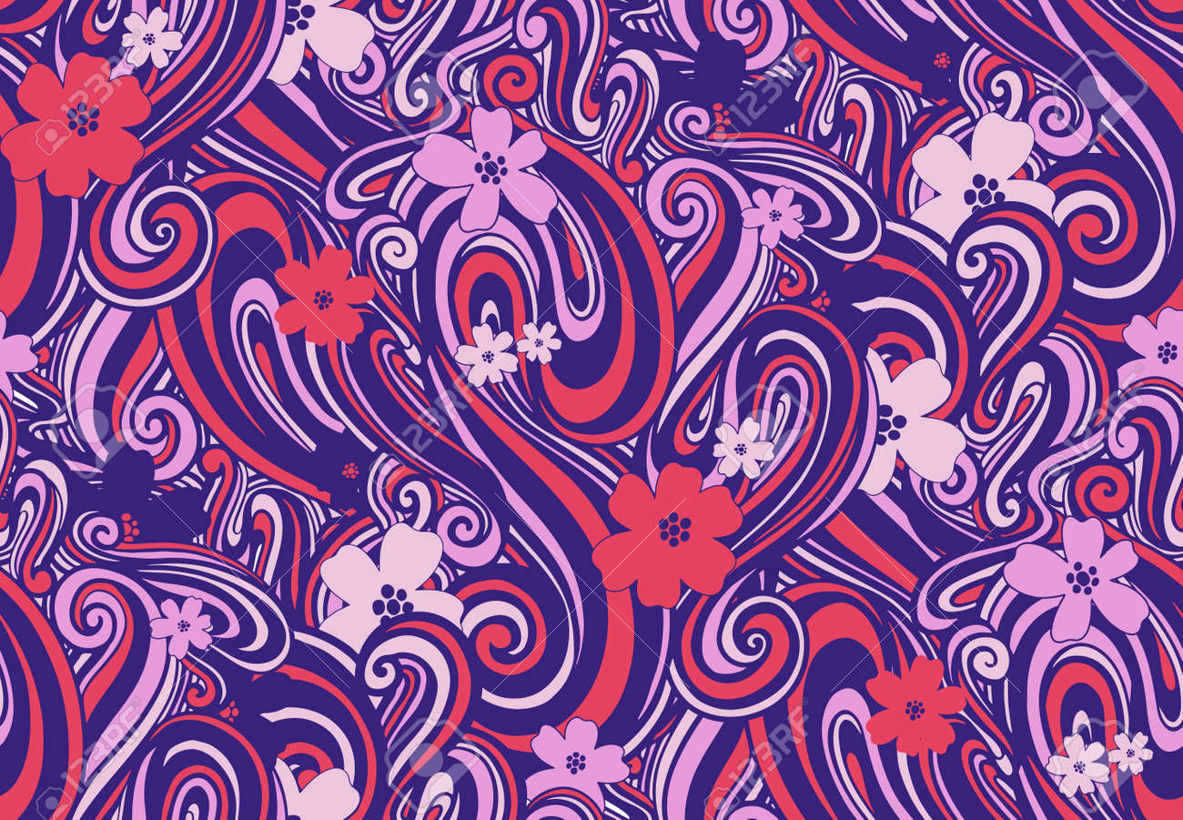 Seamless pattern wave and flower abstract.Line drawing style.Fashion textile fabric. - 171704968 Seamless pattern wave and flower abstract.Line drawing style.Fashion textile fabric. - 171704968