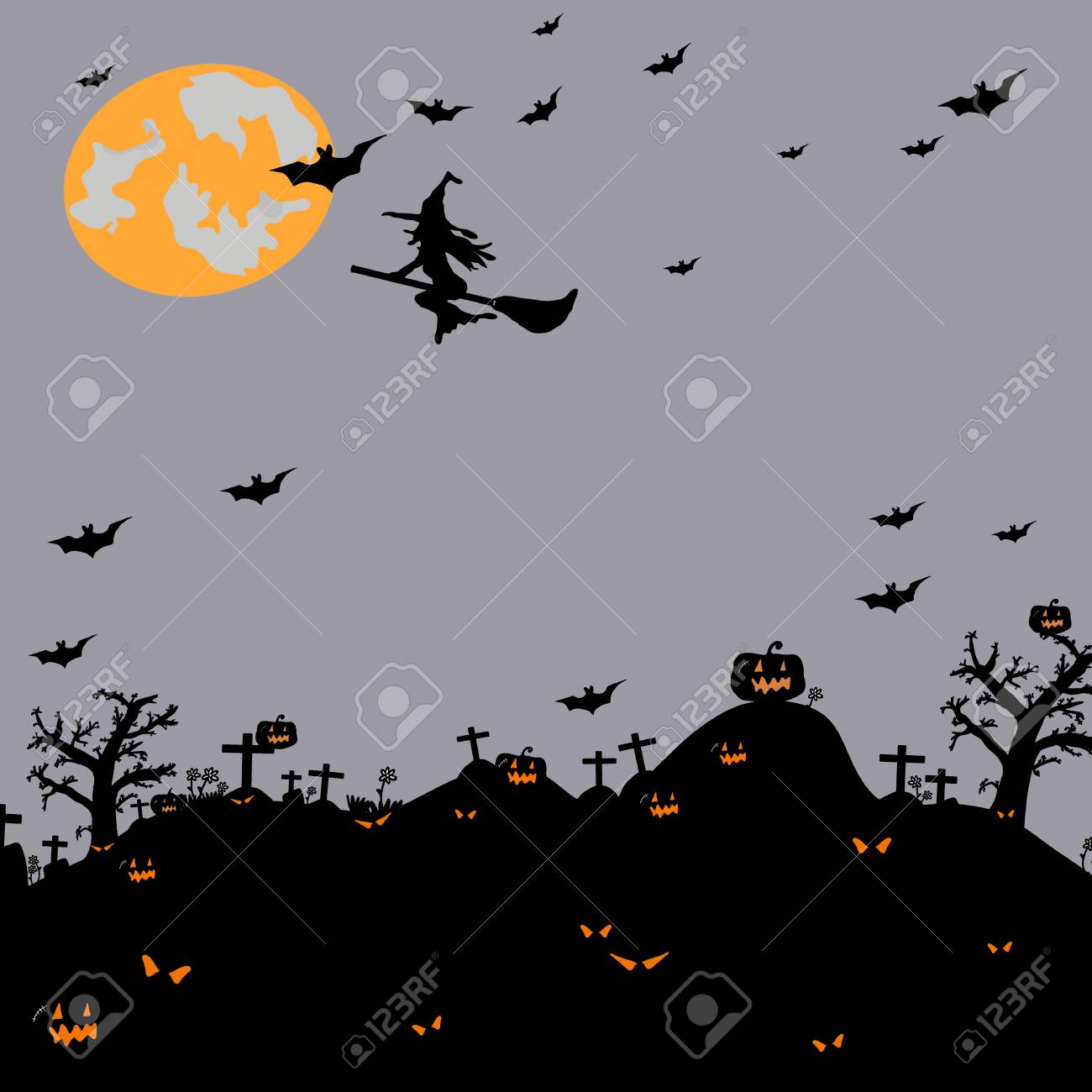 Halloween Night Background With Silhouette Of Naked Trees, Tomb, Bats,  Pumpkin, Full Moon And Witch On Dark Background, Hand Drawn For Halloween  Party Concept, Space For Text In Template Stock Photo, Picture, image size:1300x1300