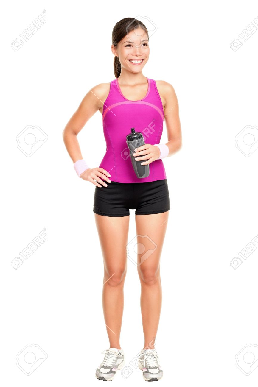Modelo Asiático Fitness Mujer De Pie En Ropa De Gimnasia Deportiva Sonriendo Feliz De La Botella De Retención De Agua. Fotos, Retratos, Imágenes Y Fotografía De Archivo Libres De Derecho. Image 12344069.