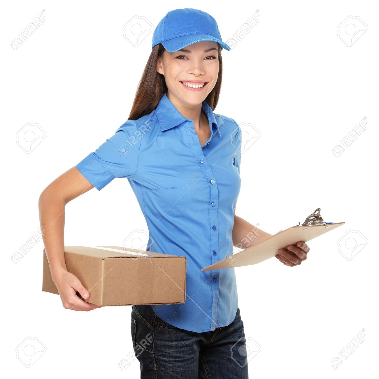delivery person delivering packages holding clipboard and package delivery person