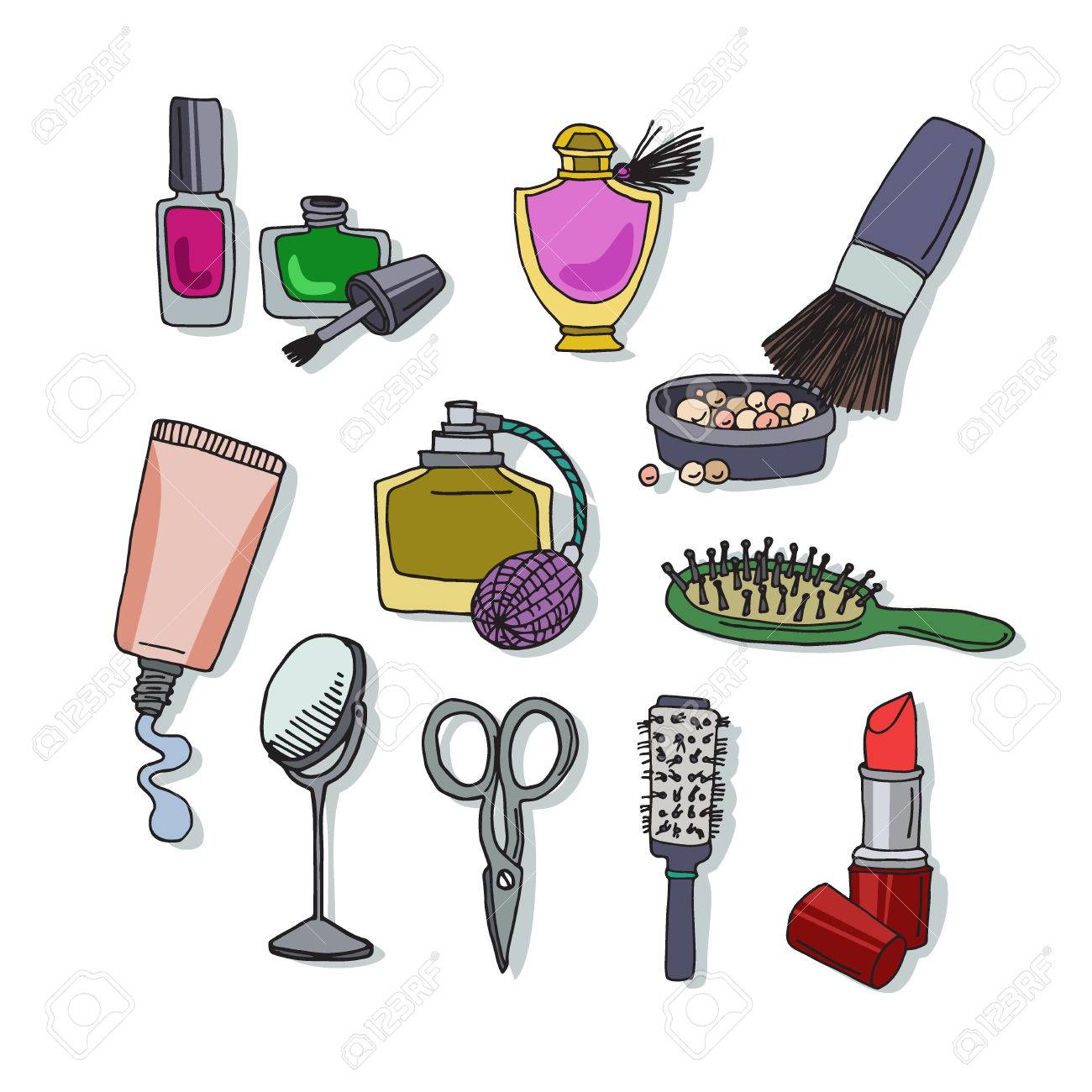 Set of different makeup items. Cosmetic elements nail polish,..
