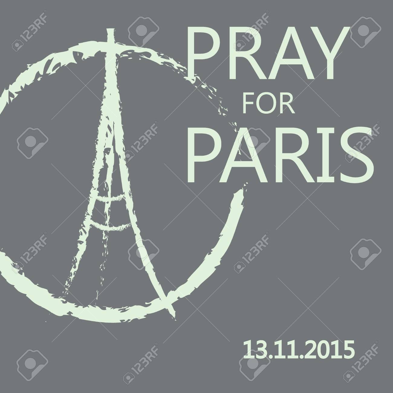 祈りの手とエッフェル塔のフリーハンド スケッチ イラスト 灰色の背景に分離ストロークでバナーを抽象化します パリとフランスのパリの平和の祈り 殺された犠牲者のために祈る ベクトルのイラスト素材 ベクタ Image