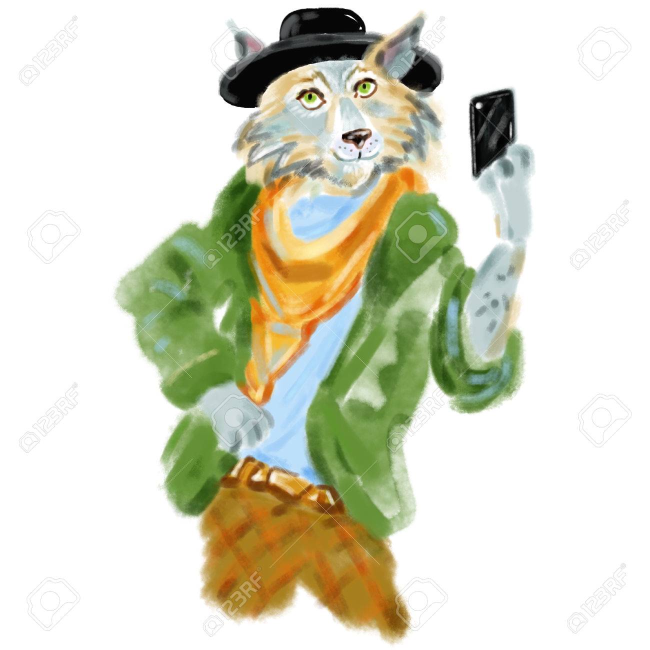 手には Selfie ファッショナブルなスタイルまとったオオカミ男のイラストが描かれました オオカミ少年は クールな服に身を包んだ 動物 ファッション デザイン オオカミ少年流行に敏感 ファッション誌見てください ポスター の写真素材 画像素材 Image