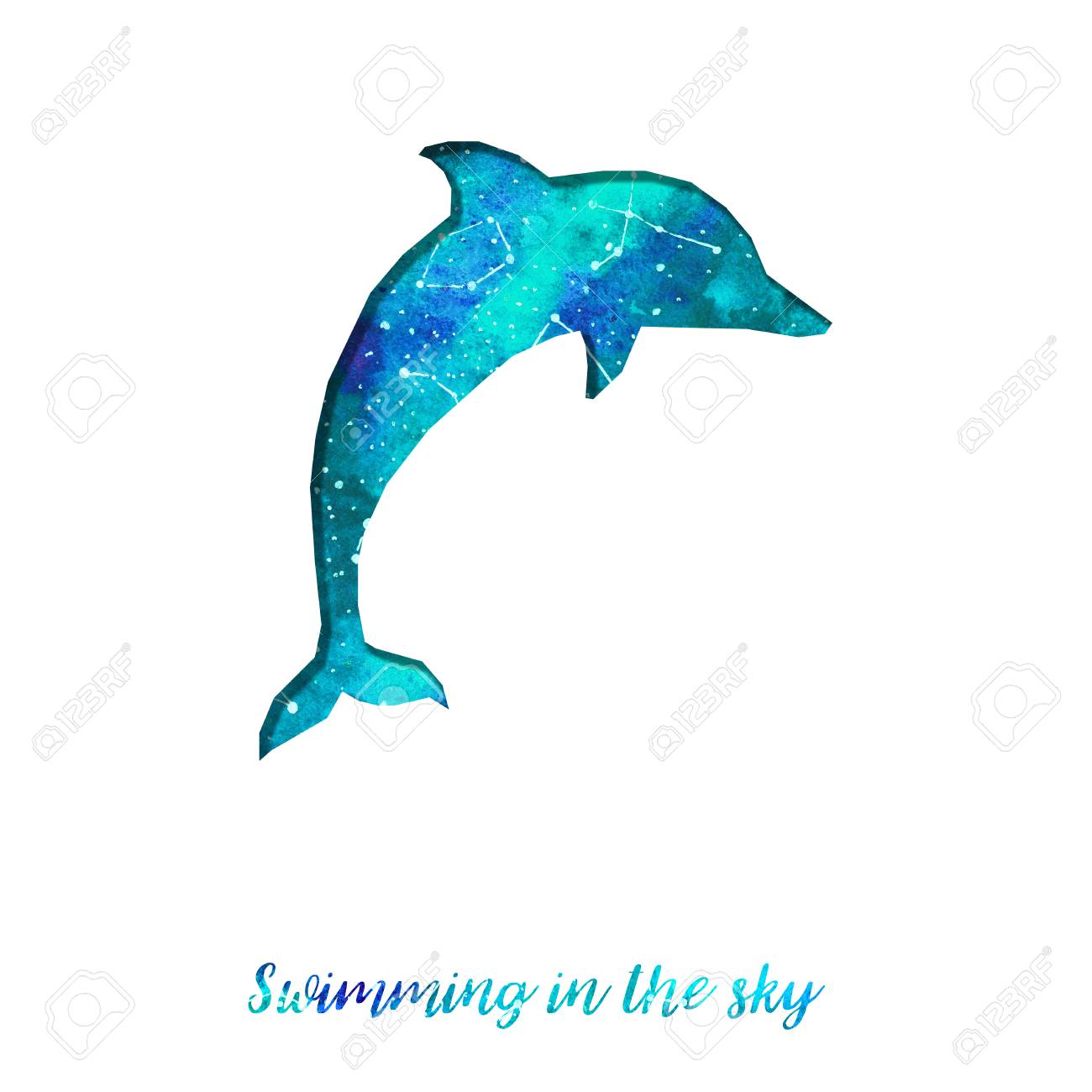 イルカのシルエットは、紙の削減。異なる星座の星空。手描きの水彩画