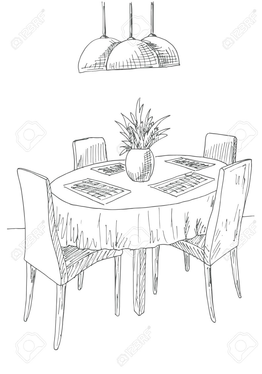 Teil Des Esszimmers. Runder Tisch Und Stühle. Auf Der Hand Gezeichnete Skizze. Esszimmerinnenraum. Tisch Und