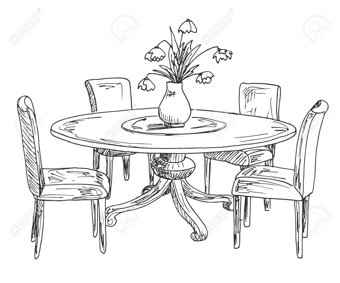 Teil Des Esszimmers. Runder Tisch Und Stühle. Auf Der Hand Gezeichnete Skizze. Esszimmerinnenraum. Tisch Und